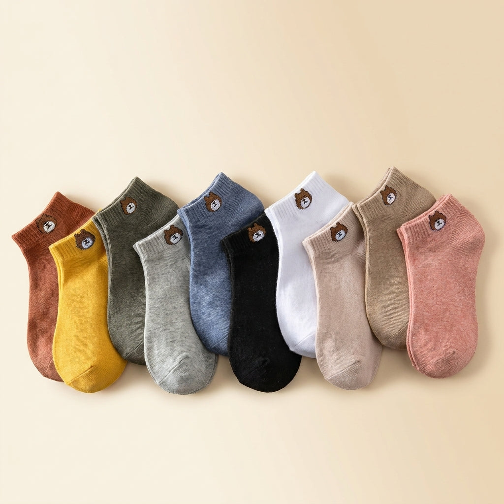 Medias kawaii pack x10 pares, 10 colores con osito bordado