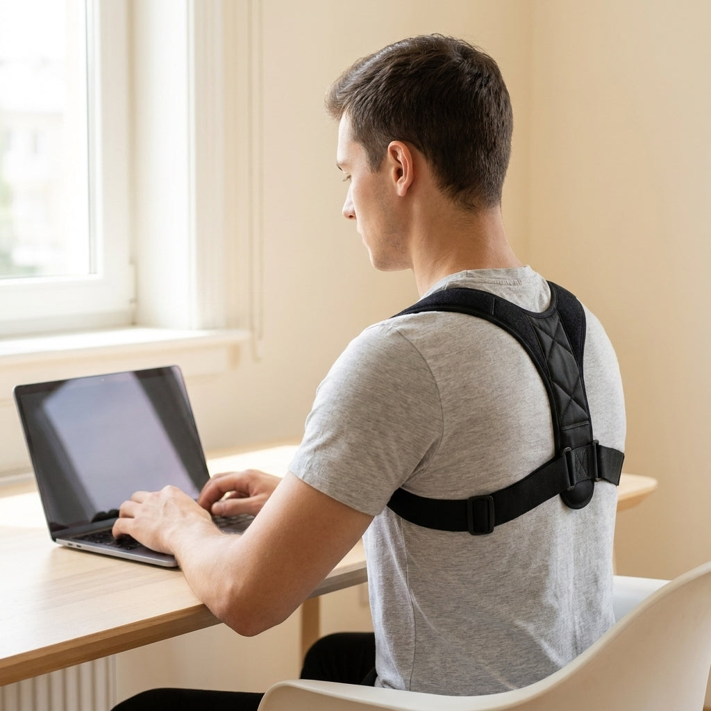 Hombre trabajando en su escritorio con el corrector de postura