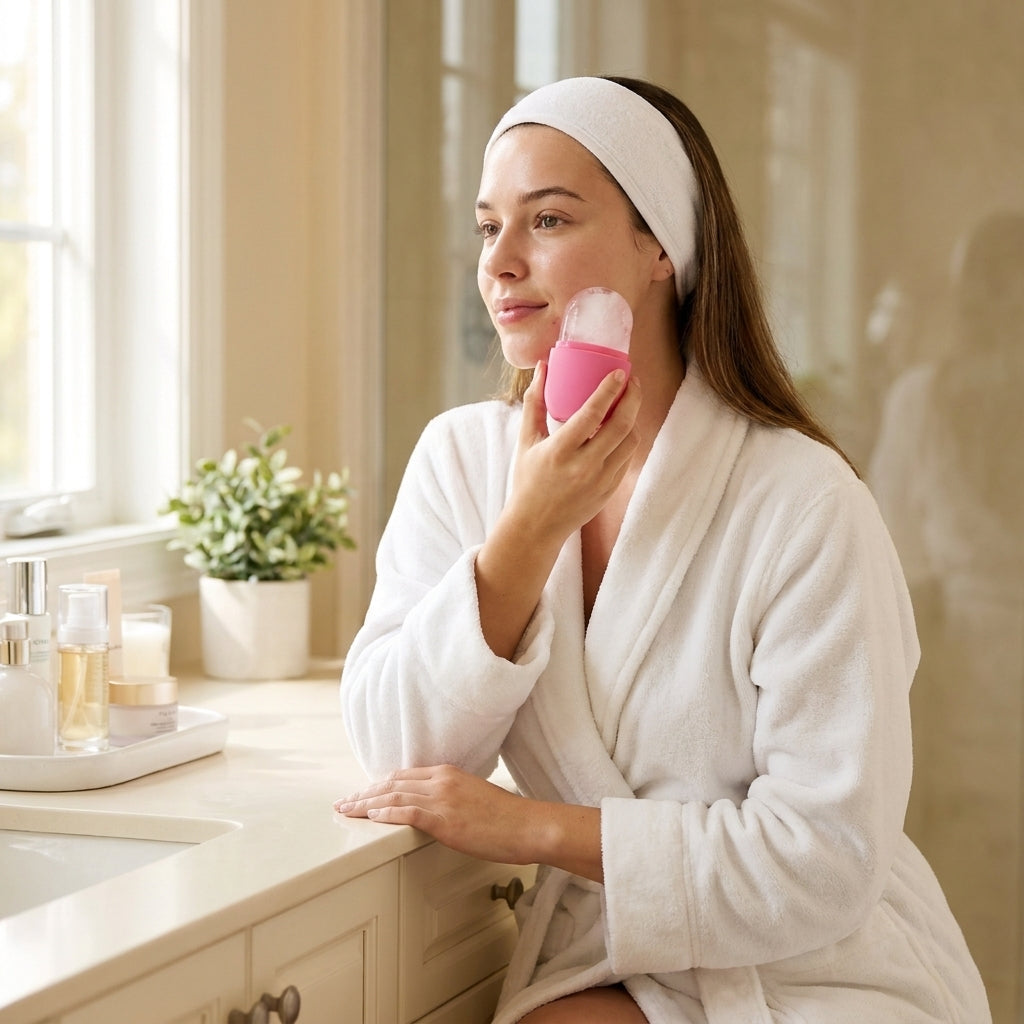 Mujer usando el molde de hielo facial