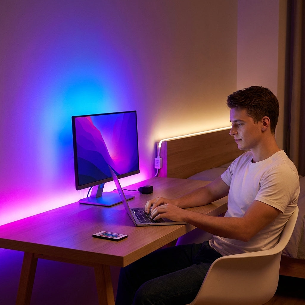 Hombre en su escritorio con la cinta LED RGB encendida