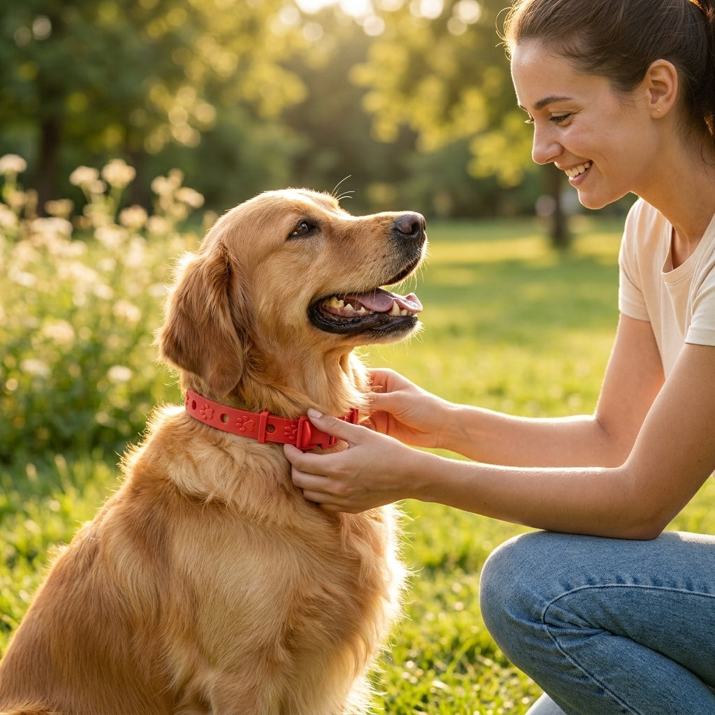 Mujer colocando la correa a su perro