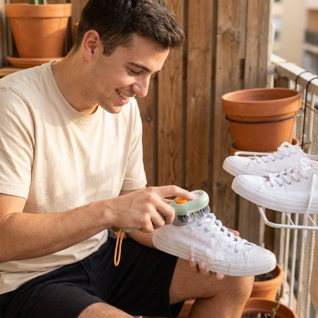 Hombre limpiando una zapatilla blanca con el cepillo