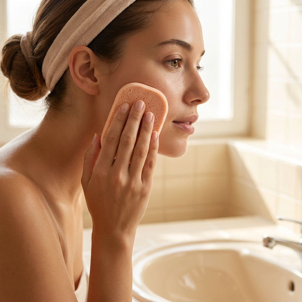 Mujer limpiando su rostro con la esponja